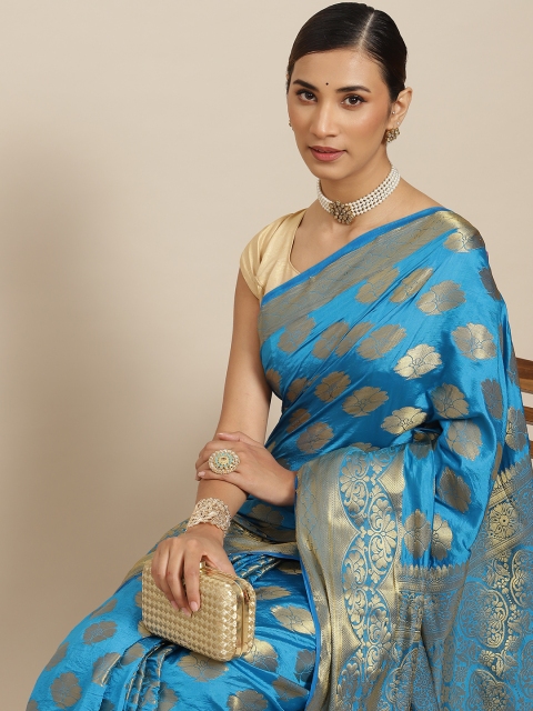 

PRENEA Blue Woven Design Silk Blend Banarasi Saree with Blouse Piece