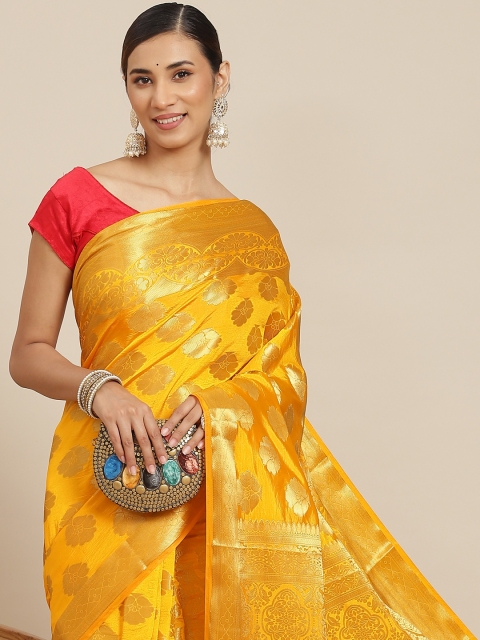 

PRENEA Yellow & Gold-Toned Ethnic Motifs Zari Silk Blend Banarasi Saree