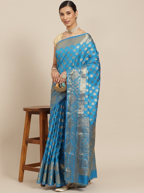 

PRENEA Blue Woven Design Silk Blend Banarasi Saree with Blouse Piece