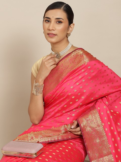 

PRENEA Coral Pink Woven Design Silk Blend Banarasi Saree with Blouse Piece
