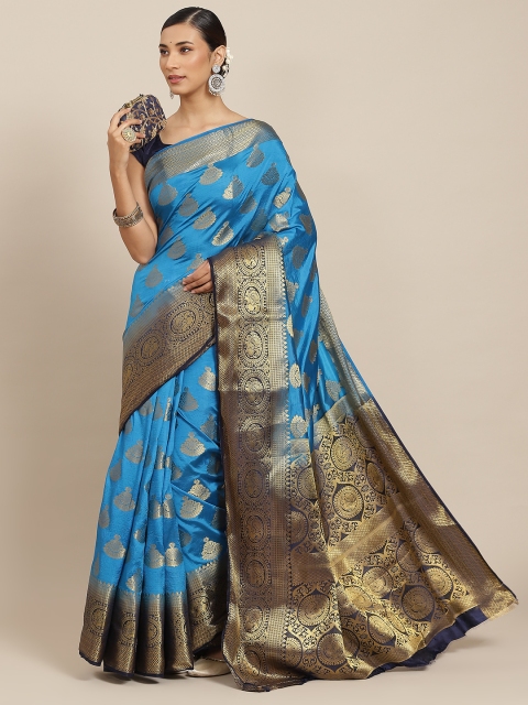 

PRENEA Blue Woven Design Silk Blend Banarasi Saree with Blouse Piece