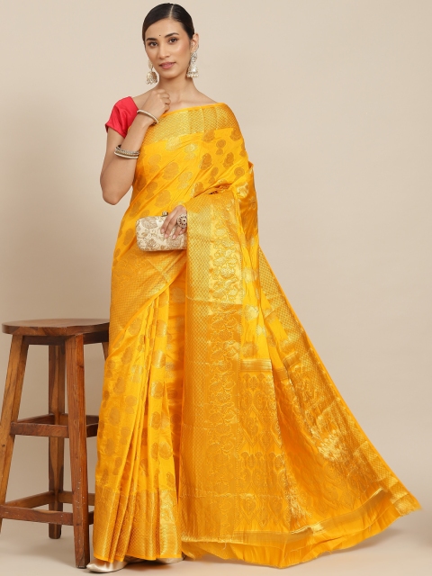

PRENEA Yellow Ethnic Motifs Zari Silk Blend Banarasi Saree