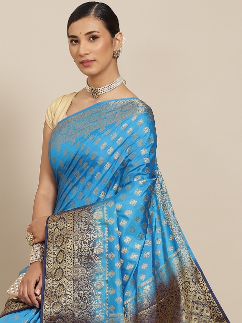 

PRENEA Blue Woven Design Silk Blend Banarasi Saree with Blouse Piece