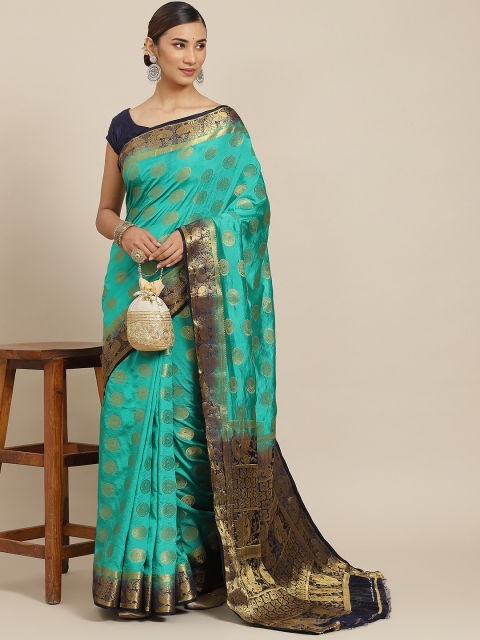 

PRENEA Sea Green & Navy Blue Woven Design Silk Blend Banarasi Saree with Blouse Piece