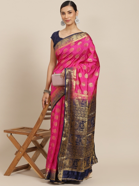 

PRENEA Pink & Navy Blue Woven Design Silk Blend Banarasi Saree with Blouse Piece