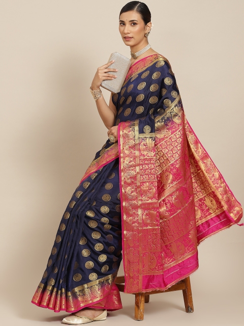 

PRENEA Navy Blue & Pink Woven Design Silk Blend Banarasi Saree with Blouse Piece