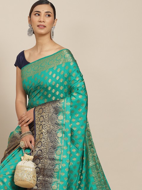 

PRENEA Sea Green & Navy Blue Woven Design Silk Blend Banarasi Saree with Blouse Piece