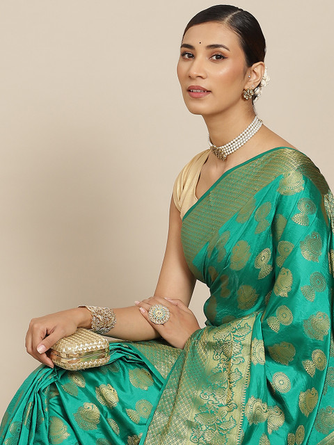 

PRENEA Sea Green Woven Design Silk Blend Banarasi Saree with Blouse Piece