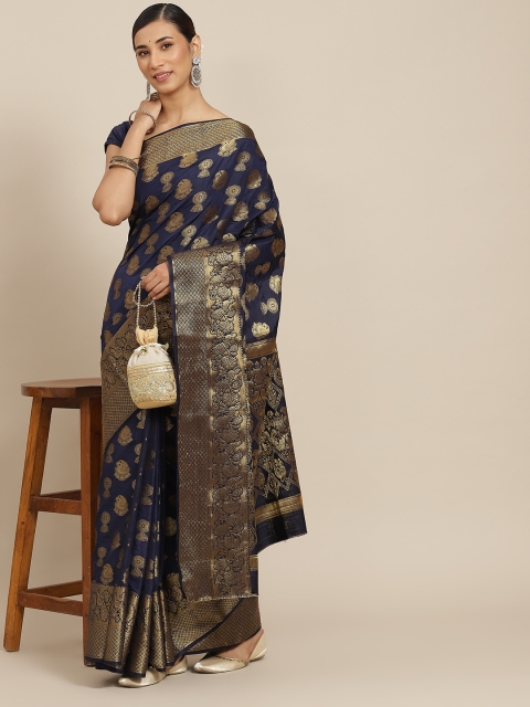 

PRENEA Navy Blue Woven Design Silk Blend Banarasi Saree with Blouse Piece