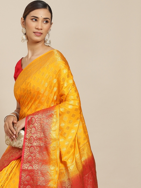 

PRENEA Yellow & Red Woven Design Silk Blend Banarasi Saree with Blouse Piece