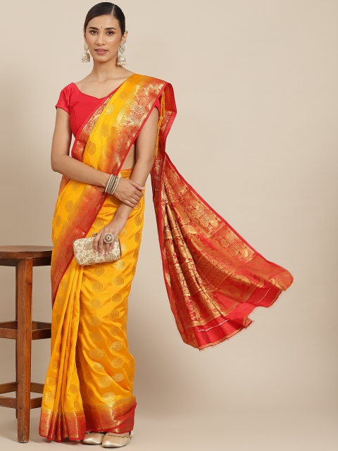 

PRENEA Yellow & Red Woven Design Silk Blend Banarasi Saree with Blouse Piece