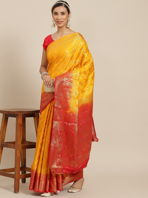 

PRENEA Yellow & Red Woven Design Silk Blend Banarasi Saree with Blouse Piece