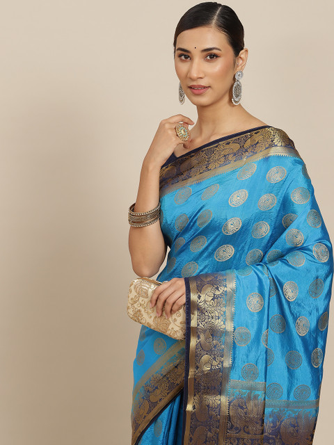 

PRENEA Blue Woven Design Silk Blend Banarasi Saree with Blouse Piece