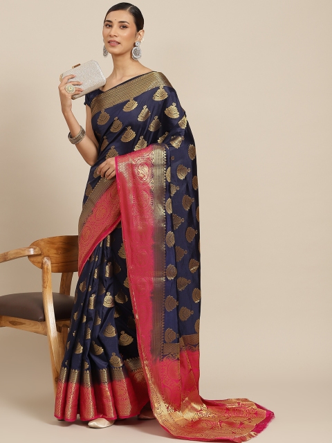 

PRENEA Navy Blue & Pink Woven Design Silk Blend Banarasi Saree with Blouse Piece