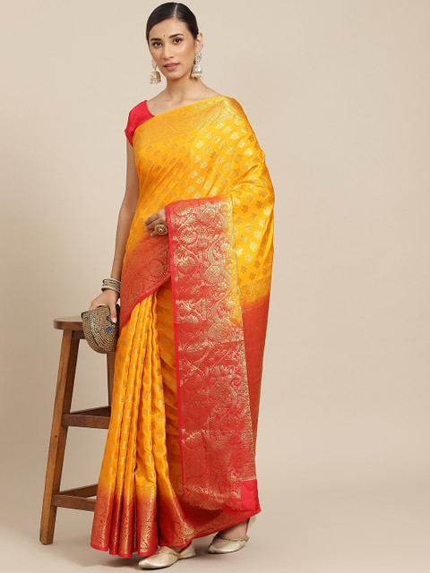 

PRENEA Yellow & Red Woven Design Silk Blend Banarasi Saree with Blouse Piece