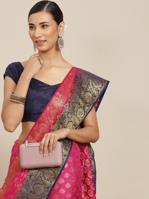 

PRENEA Pink & Navy Blue Woven Design Silk Blend Banarasi Saree with Blouse Piece