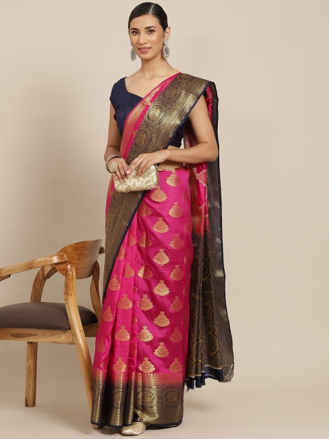 

PRENEA Pink & Navy Blue Woven Design Silk Blend Banarasi Saree with Blouse Piece