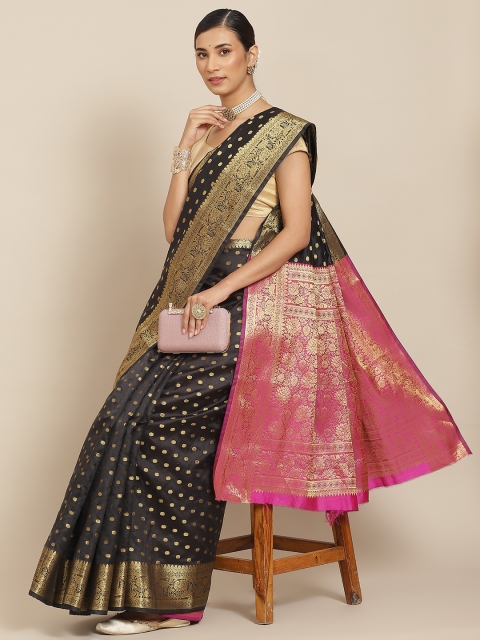 

PRENEA Black & Pink Woven Design Silk Blend Banarasi Saree with Blouse Piece