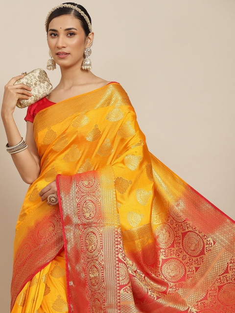 

PRENEA Yellow & Red Woven Design Silk Blend Banarasi Saree with Blouse Piece