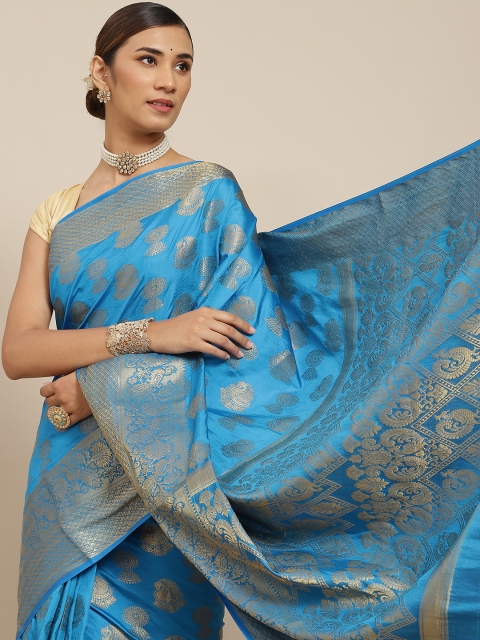 

PRENEA Blue Woven Design Silk Blend Banarasi Saree with Blouse Piece