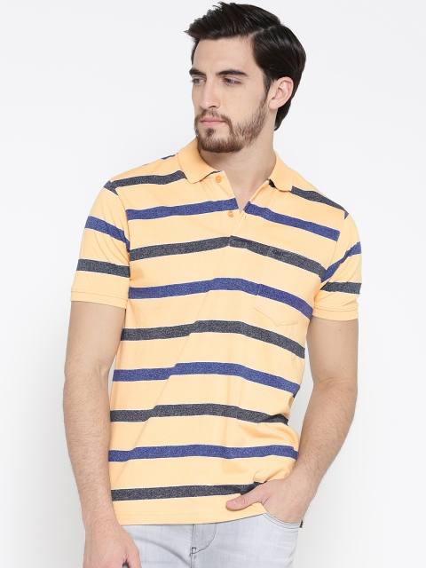 

Cloak & Decker by Monte Carlo Men Yellow & Blue Striped Polo T-shirt