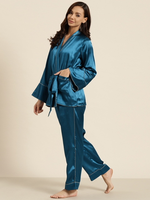 

ADORENITE Women Teal Blue Satin Finish Pyjamas Set