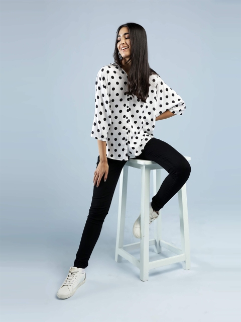 

IDK Women's White & Black Print Shirt Style polka dot Top