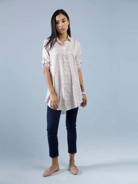 

IDK White Print Roll-Up Sleeves Shirt Style Top