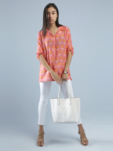 

IDK Orange Floral Print Roll-Up Sleeves Shirt Style Top