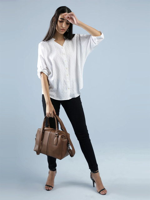 

IDK White Mandarin Collar Roll-Up Sleeves Shirt Style Top