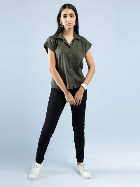 

IDK Women Olive Green Solid Shirt Style Top