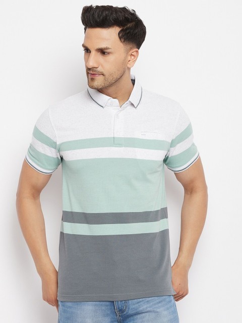 

Okane Men Green Striped Polo Collar Cotton T-shirt