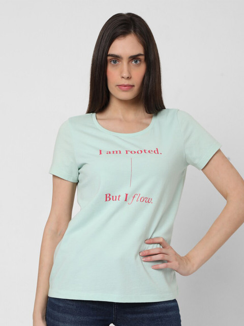 

Vero Moda Women Sea Green & Pink Typography Printed Cotton T-shirt