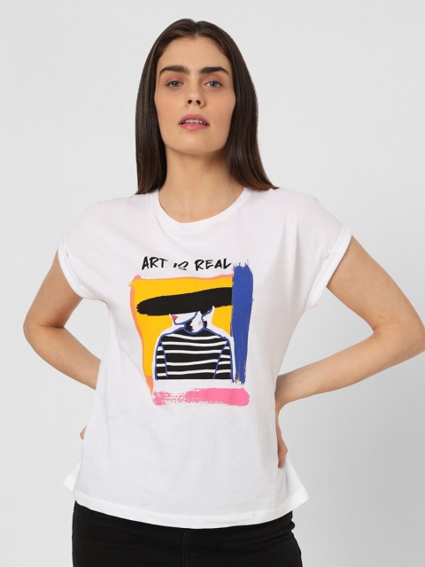 

Vero Moda Women White & Black Printed Cotton T-shirt