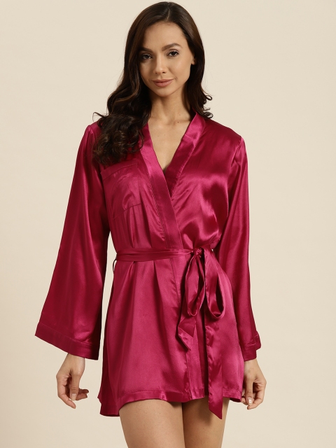 

ADORENITE Women Magenta & White Bride Embroidered Satin Finish Robe