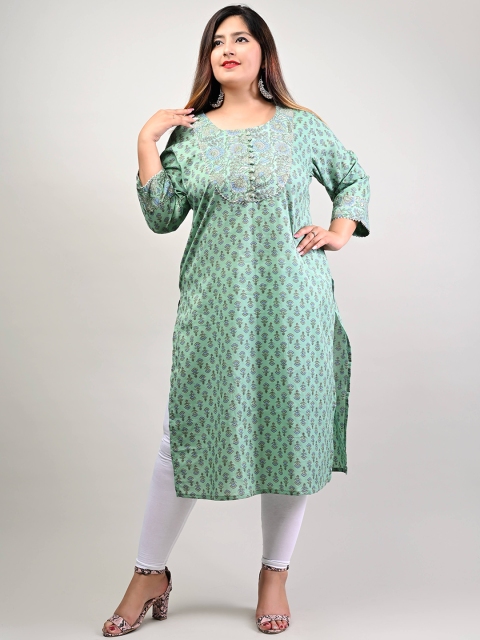 

Swasti Women Green Geometric Printed Thread Work Floral Kurta