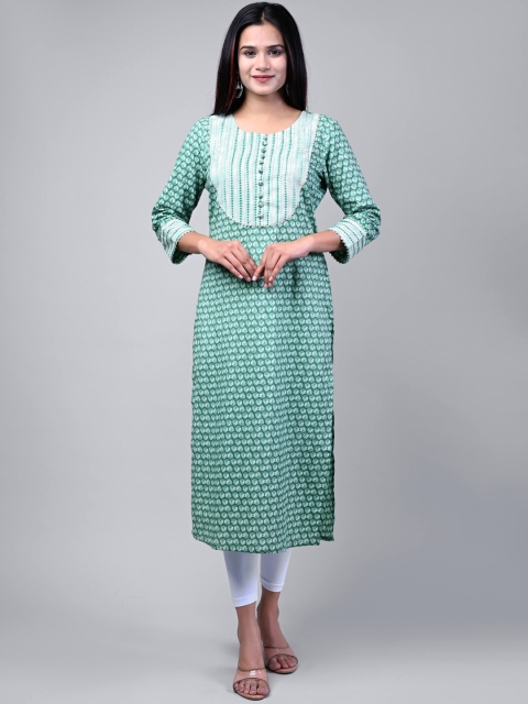 

Swasti Women Green Geometric Printed Thread Work Floral Kurta
