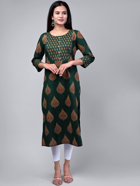 

Swasti Women Green Geometric Printed Flared Sleeves Thread Work Floral Kurta