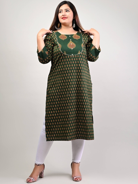 

Swasti Women Green Ethnic Motifs Printed Flared Sleeves Thread Work Floral Kurta