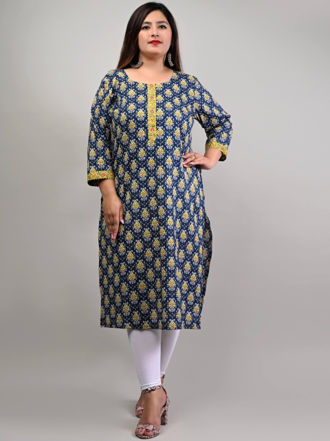 

Swasti Women Blue Plus Size Ethnic Motifs Printed Mirror Work Floral Kurta