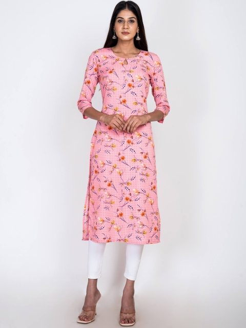 

Swasti Women Pink Floral Printed Flared Sleeves Thread Work Floral Kurta