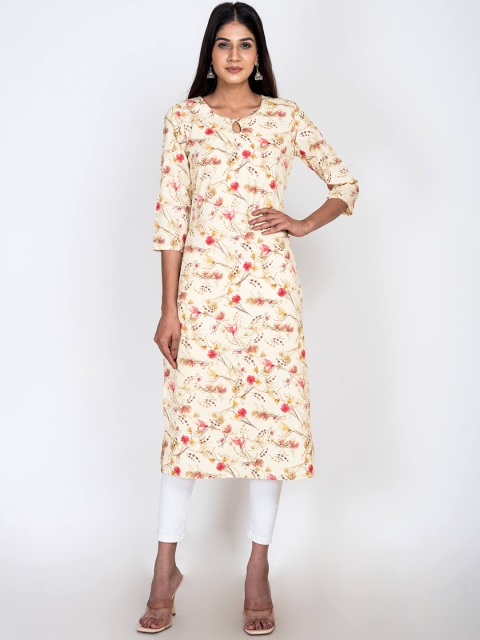 

Swasti Women Beige Floral Printed Mirror Work Floral Kurta