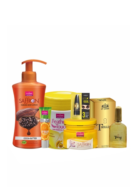 

VI-JOHN Saffron Haldi Chandan Cream , Cocoa Butter Body Lotion , Lip Balm, Haldi Chandan Hair Removal Cream , Kajal and Trillion Perfume Beauty Gift Set, Multi