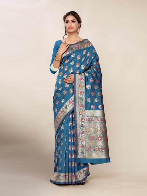 

AADVIKA Blue & Red Woven Design Zari Banarasi Saree