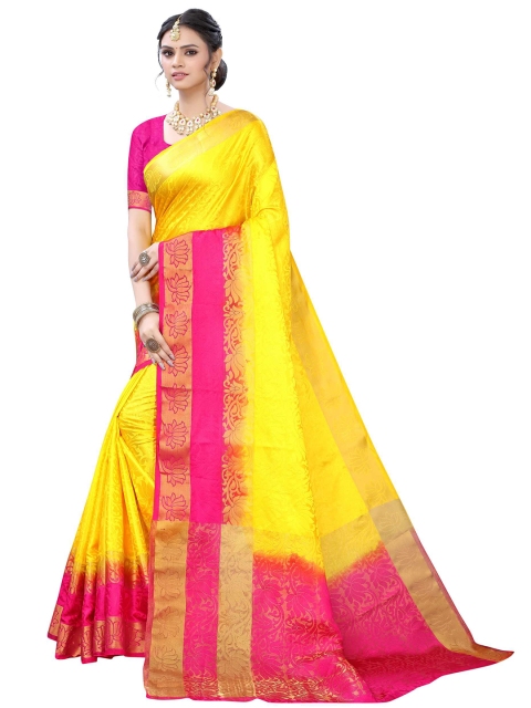 

AADVIKA Yellow & Pink Woven Design Zari Banarasi Saree