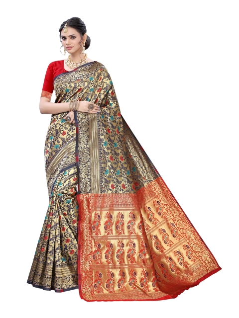 

AADVIKA Red & Blue Woven Design Zari Banarasi Saree