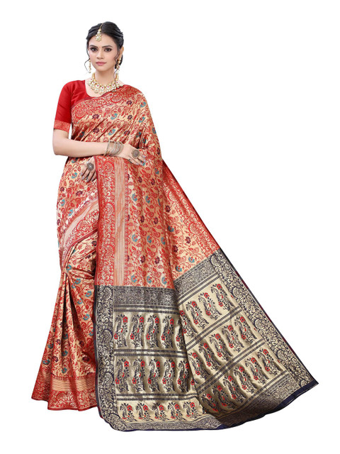 

AADVIKA Beige & Red Woven Design Zari Banarasi Saree