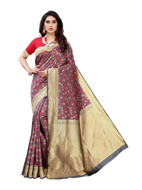 

AADVIKA Grey & Red Woven Design Zari Banarasi Saree