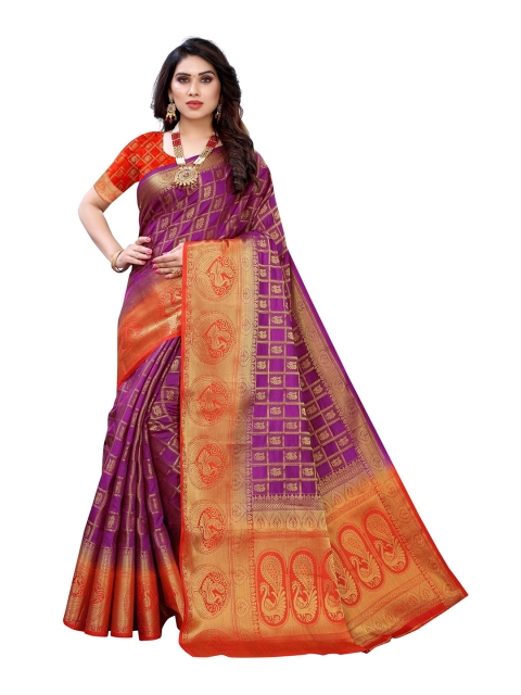 

AADVIKA Purple & Red Woven Design Zari Banarasi Saree