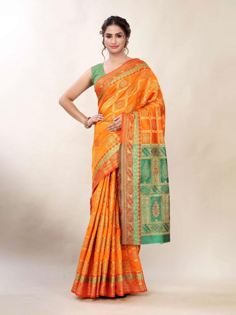 

AADVIKA Yellow & Green Woven Design Zari Banarasi Saree